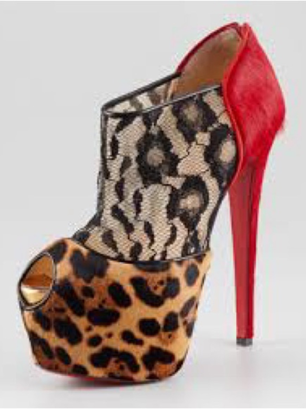 Christian Louboutin Leopard Pony Hair Lace Platform Peep Toe Booties I Size 38